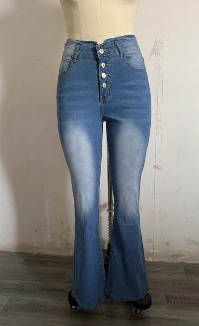 High Waist Bell Bottom Jeans Trendy Wear Washed Out Street Style Women's Denim Pants - Velora