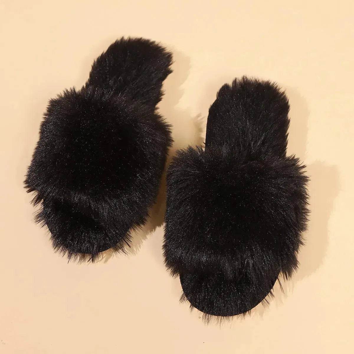 Fashion Open-toed Plush Slippers Winter Warm Indoor Bedroom Floor Soft Fluffy Slipper For Couple Solid Color House Shoes Women - Velora