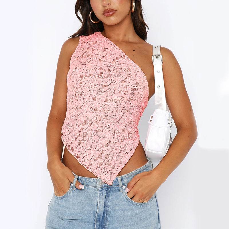 Ins Lace Backless Top Summer Solid Color Waistless Asymmetrical Sloped Neck Vest Streetwear Womens Clothes - Velora