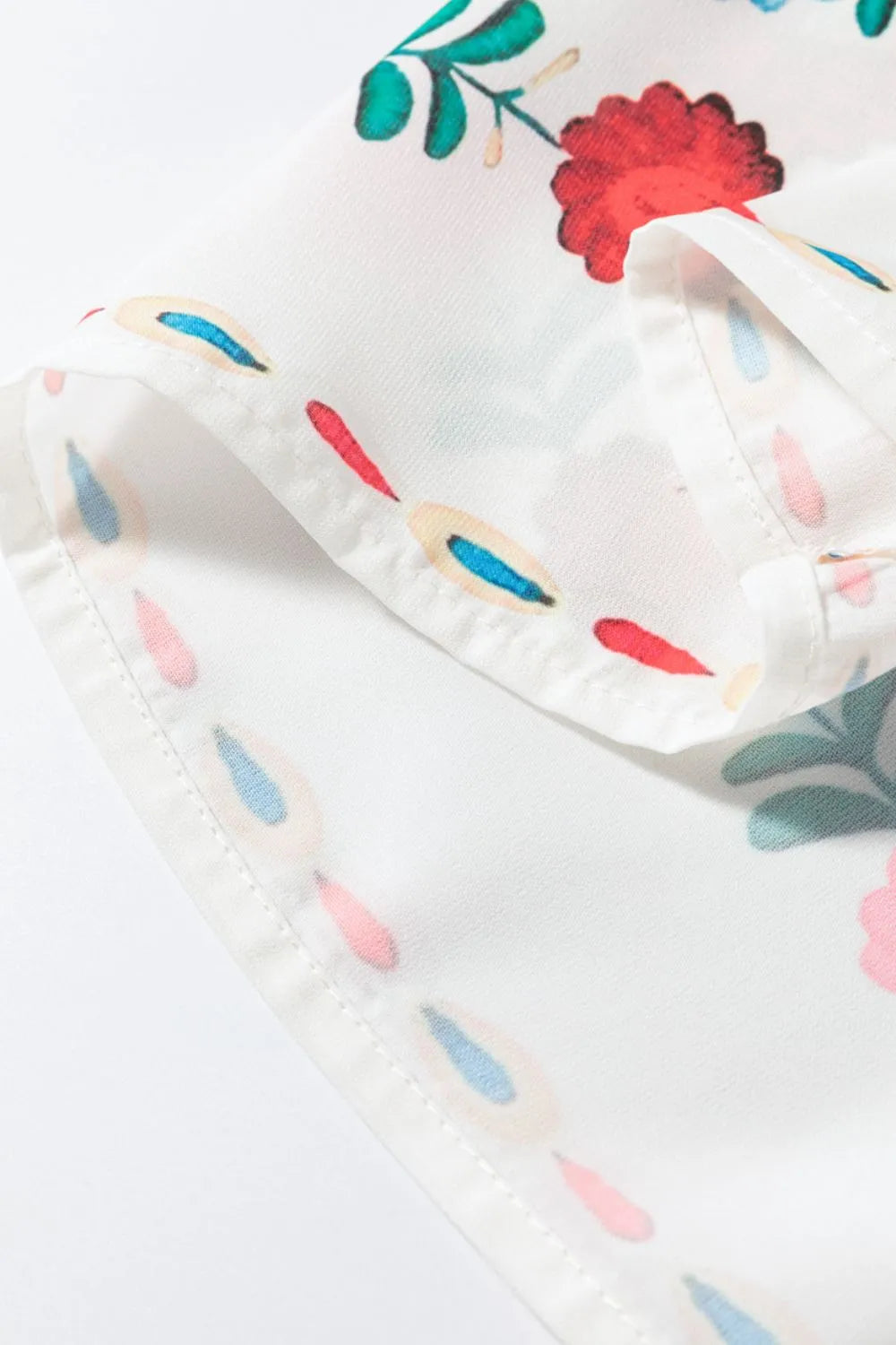 Floral Print Round Neck Ruffle Trim Blouse - Velora