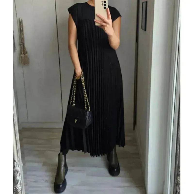 Women Summer Pleated Maxi Dress Casual Short Sleeve Crewneck Flowy Swing Long Dress with Pockets - Velora