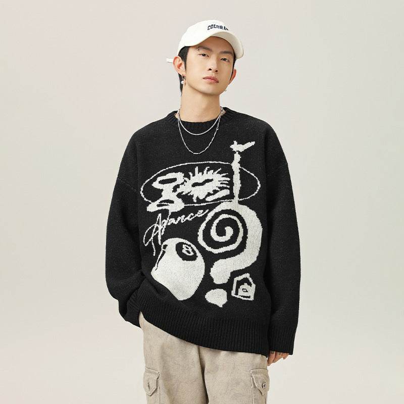 Plush American Hand Drawn Brocade Sweater Men's Autumn Winter Retro Loose - Velora