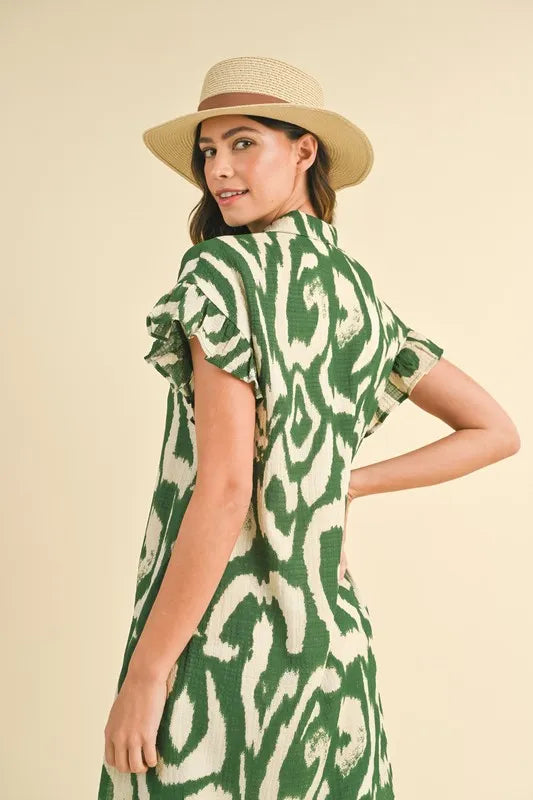 Annie Wear Abstract Printed Frill Sleeve Shirt Mini Dress - Velora