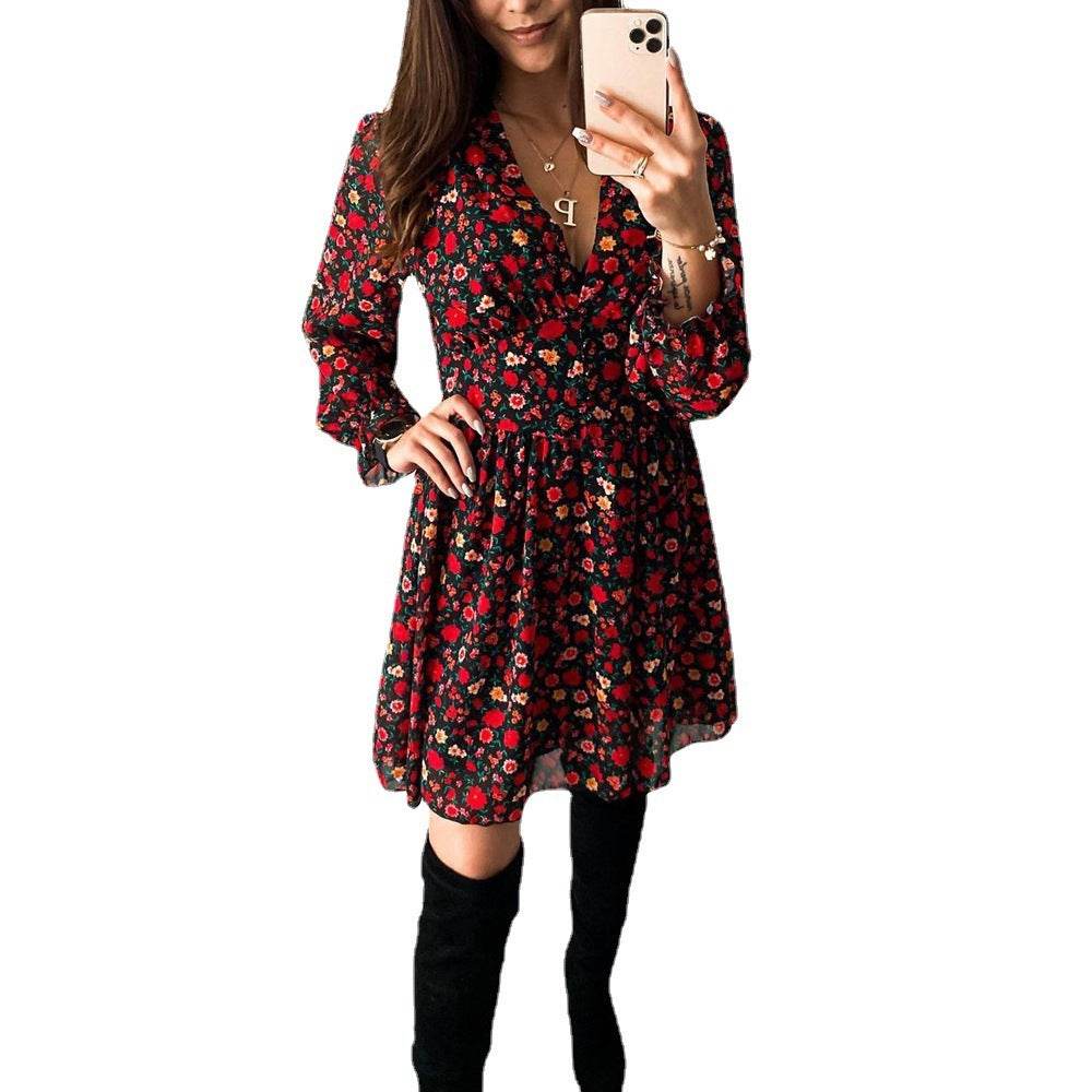 Spring Summer V-neck Long sleeve Floral Mini dress - Velora
