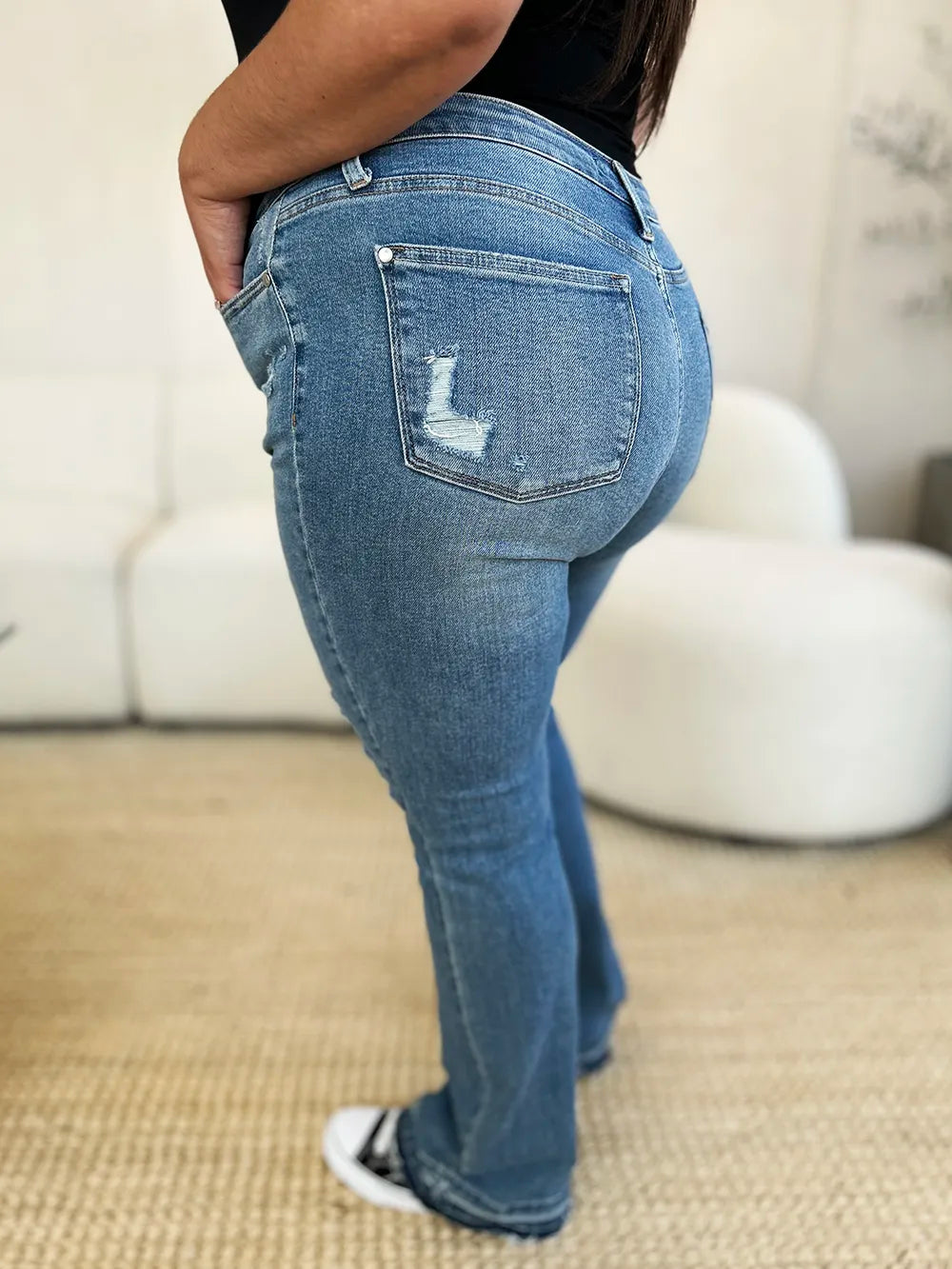 Judy Blue Full Size Mid Rise Destroyed Hem Distressed Jeans - Velora