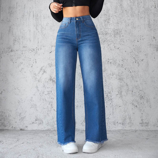 Fashion Straight Wide-leg Jeans Casual High-waist Non-elastic Womens Clothing - Velora