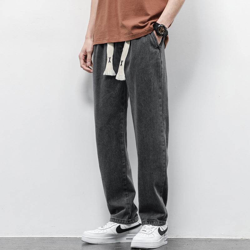 Summer Loose Wide Leg Jeans Pants Men Fashion Drawstring Elasticated Straight Trousers - Velora