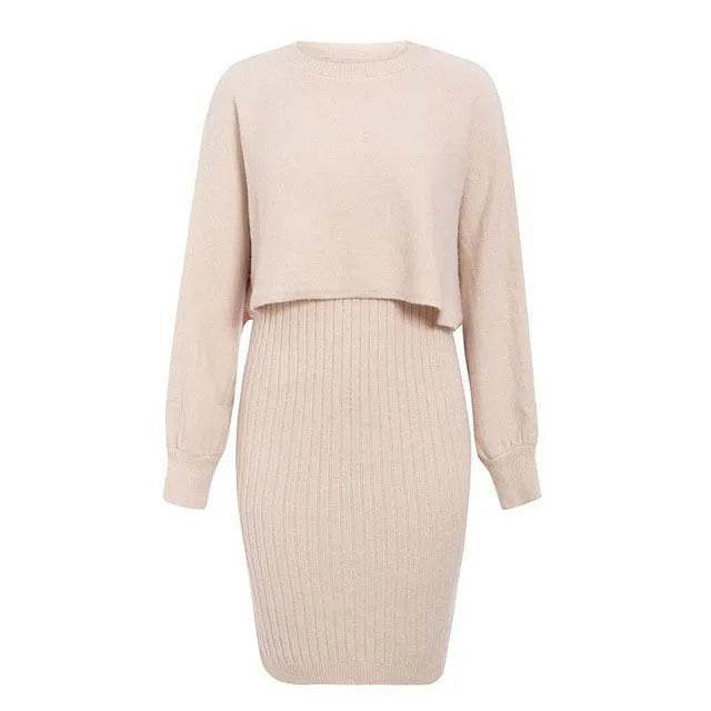 Women 2pcs Winter Outfit Cashmere dress Cropped Pullover top - Velora