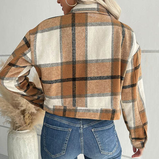 Plaid Lapel Cropped Jacket With Pockets Fashion Button Long Sleeve Short Outwear Tops Coat For Womens Clothing - Velora