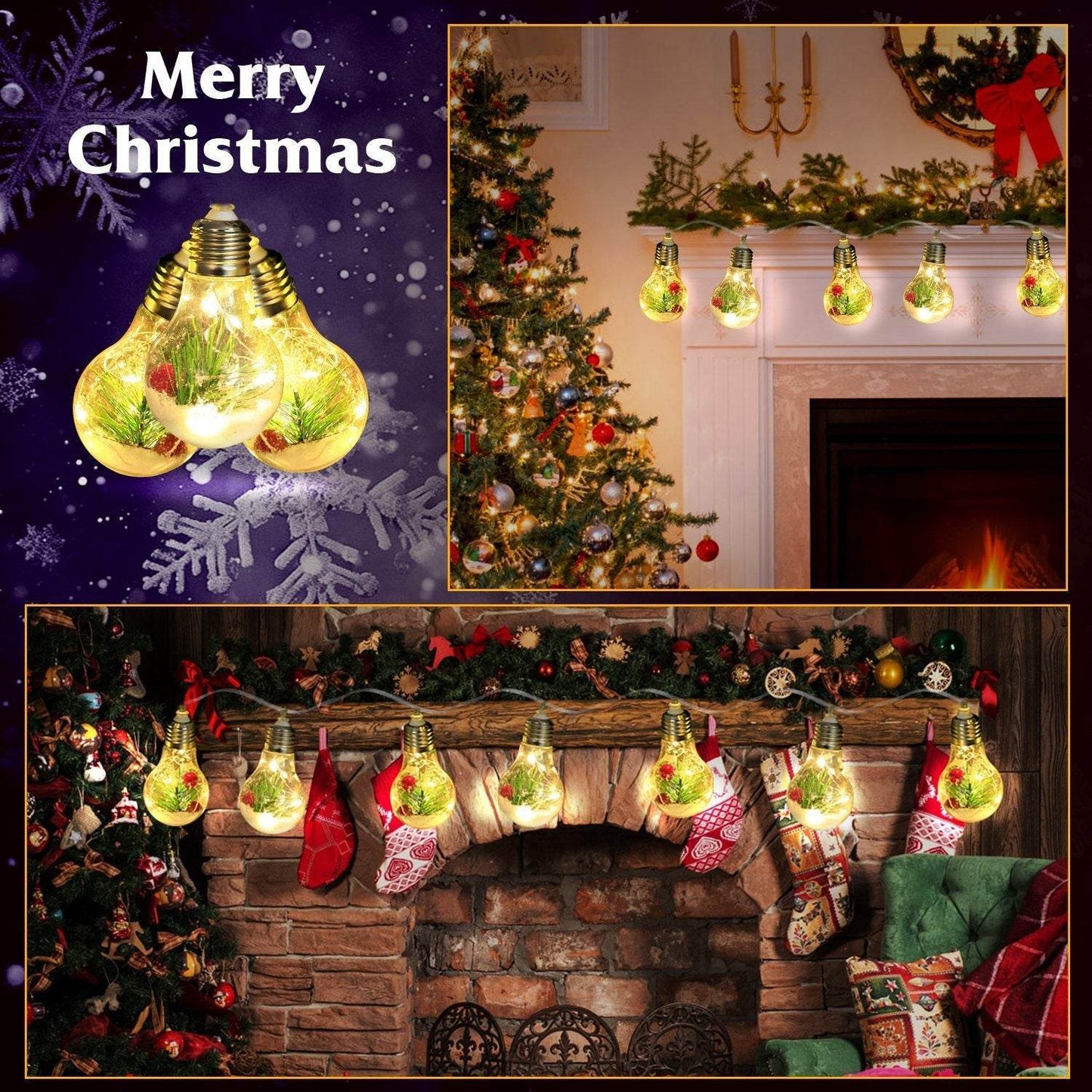 1Pc 13.78FT Christmas Snow Globe String Light Battery Powered 10 LED Bulbs Indoor Christmas Lights With Pine Needles Snowflakes Berries - Velora
