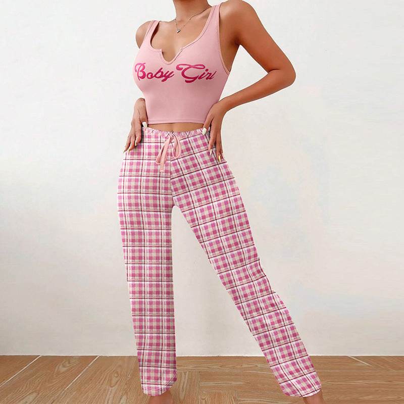 Spring Summer Women's Casual Pajamas Home Wear Vest Color Matching Plaid Trousers Letter Print Top Ladies 2 Pcs Home Clothes Sleepwear - Velora