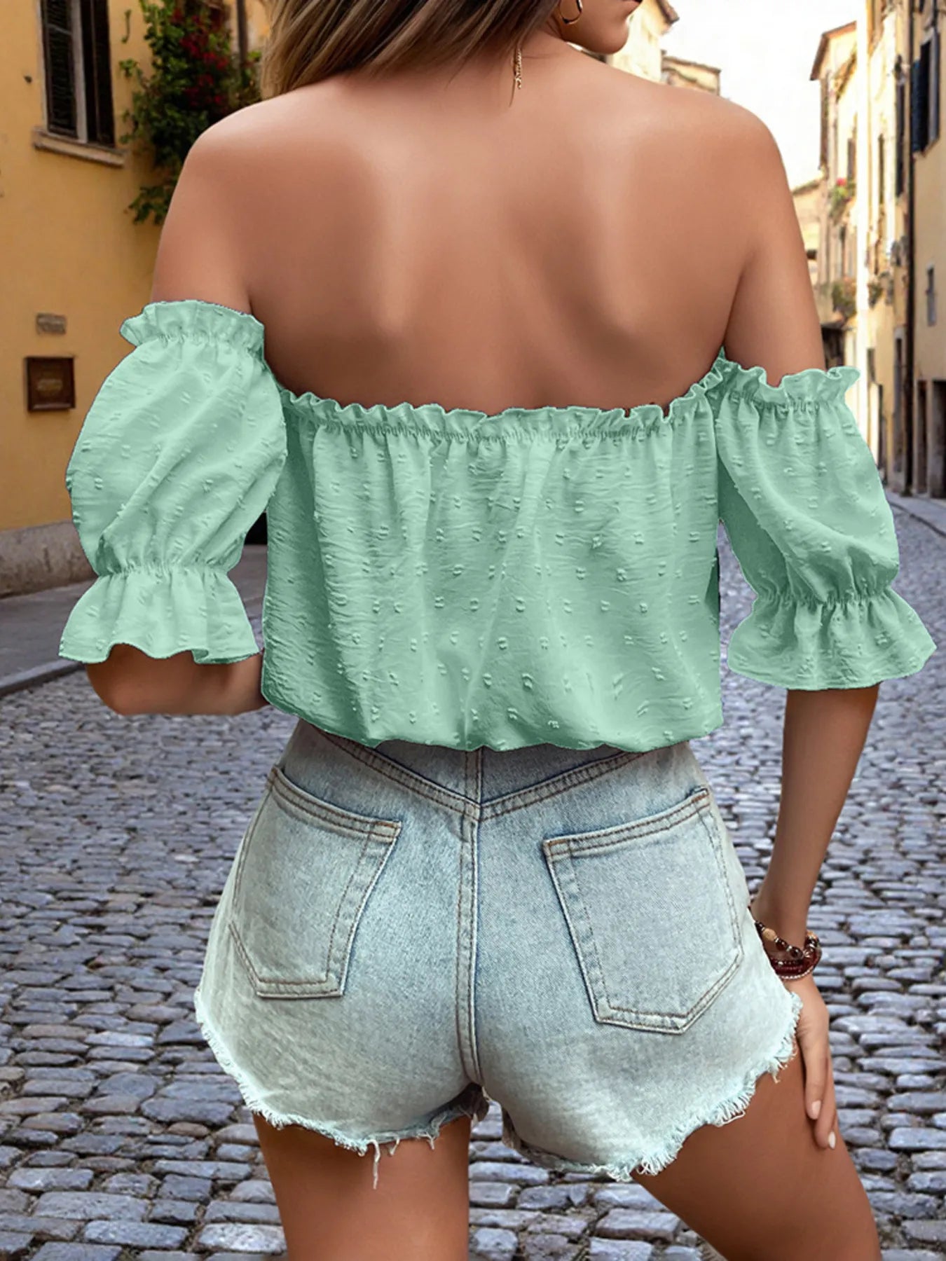 Off-Shoulder Swiss Dot Blouse with Tie Front Detail - Velora