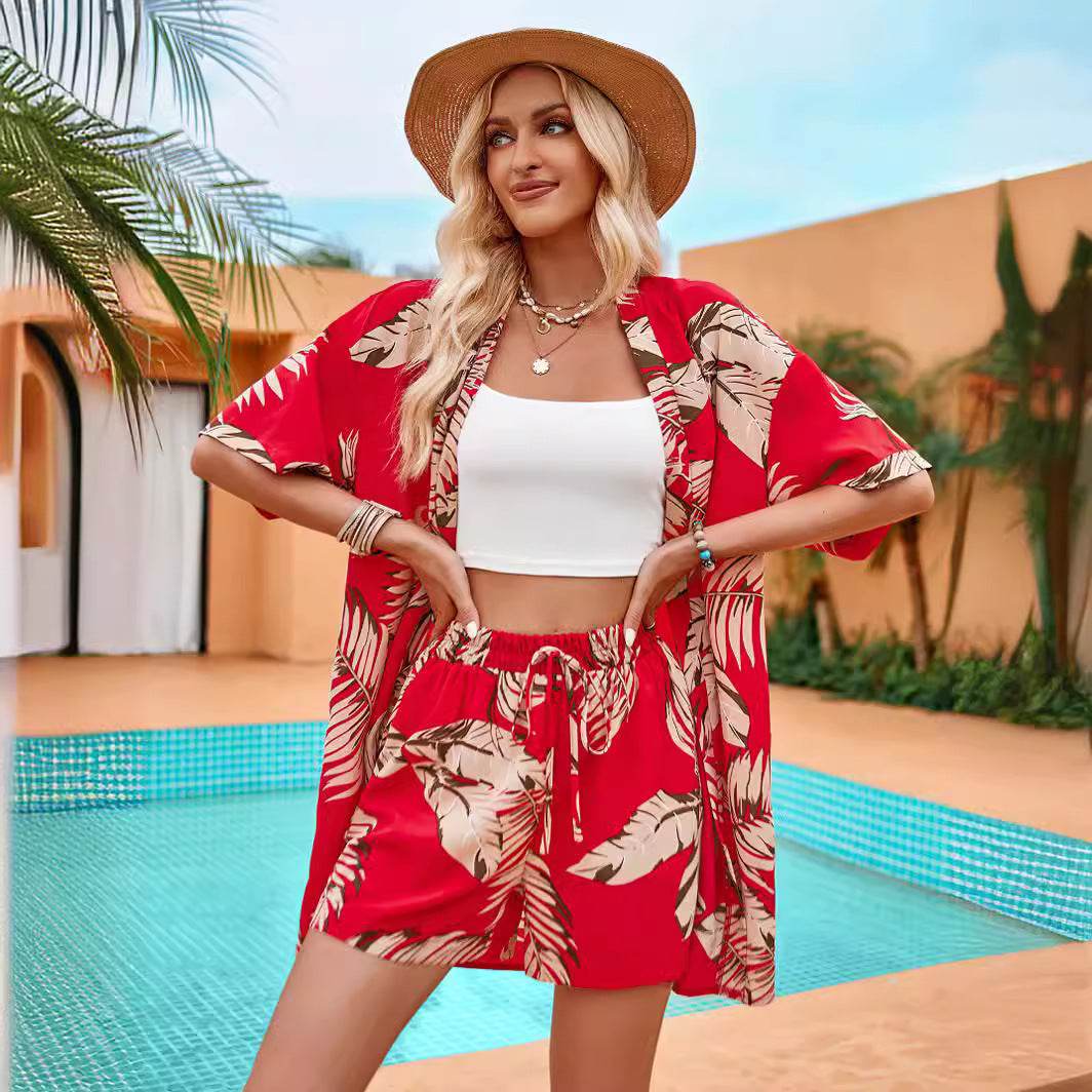 2pcs Casual Holiday Leaves Print Suit Summer Short Sleeve Shirt Top And Drawstring Shorts Sets For Womens Clothing - Velora