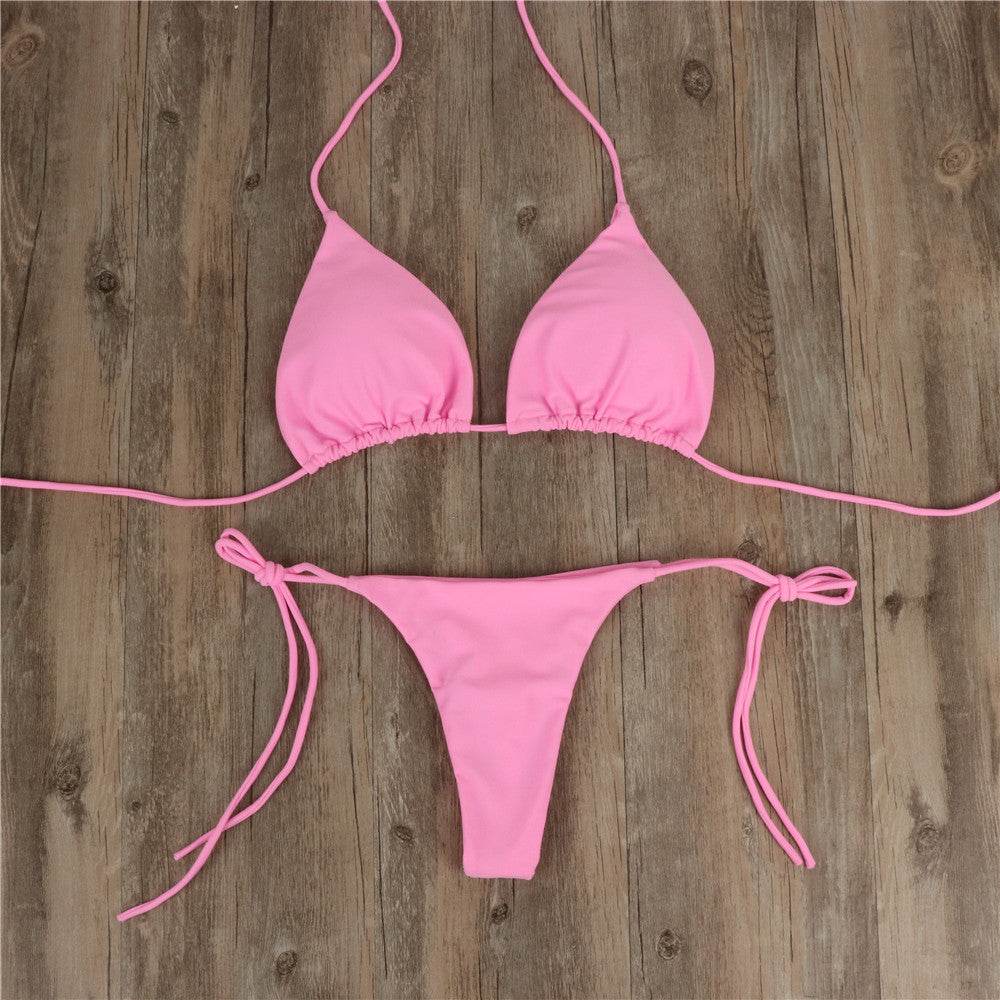 2pcs Halterneck Lace-up Bikini Women Summer Solid Color Sexy Split Strap Adjustable Swimsuit Suit - Velora