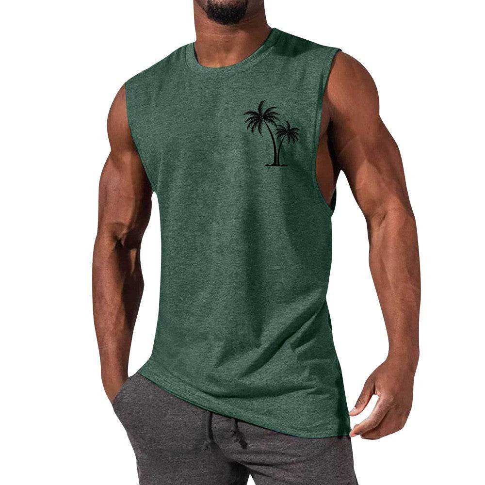 Coconut Tree Embroidery Vest Summer Beach Tank Tops Workout Muscle Men Sports Fitness T-shirt - Velora