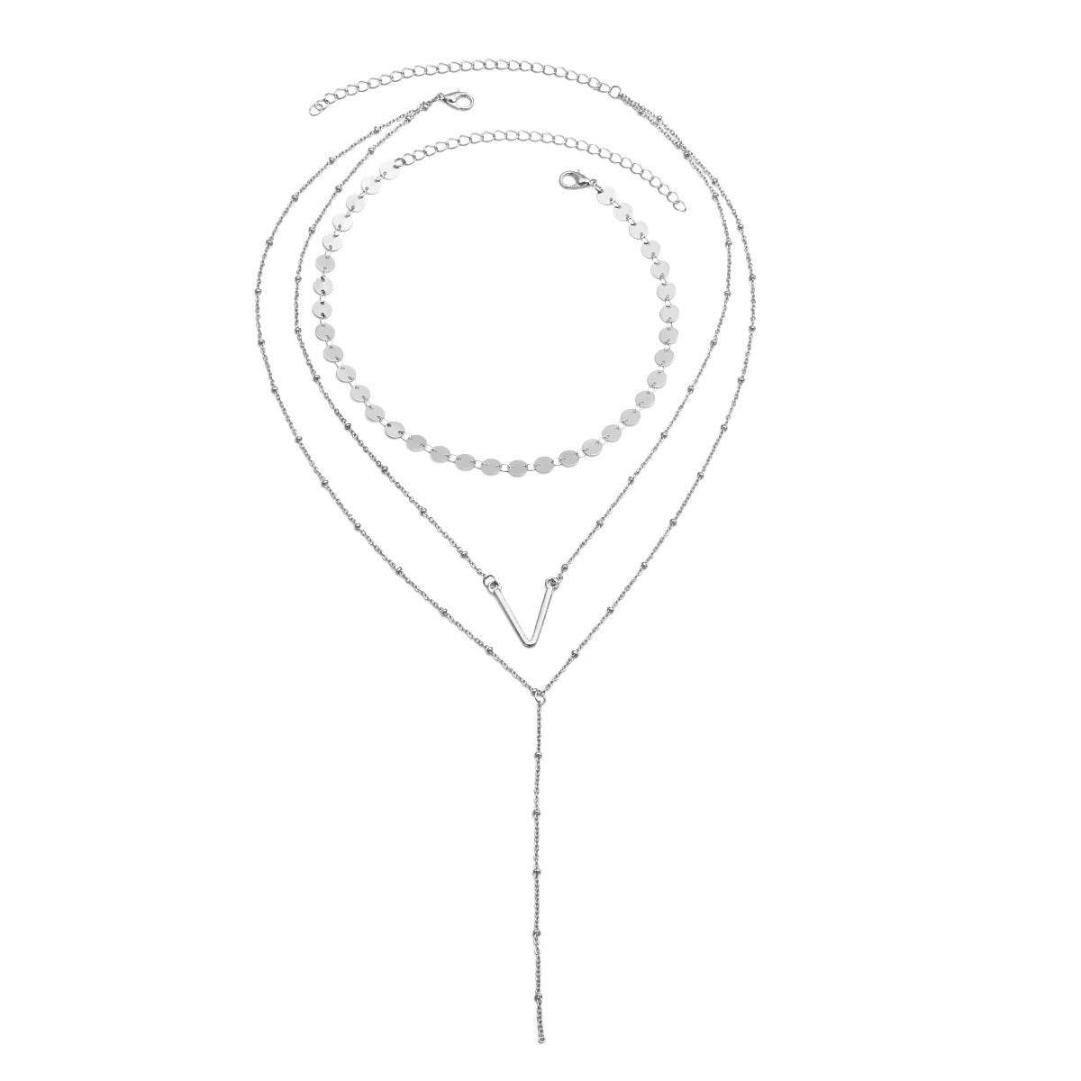 Vintage sequin alloy V-shaped pendant sweater chain Simple clavicle multilayer necklace - Velora