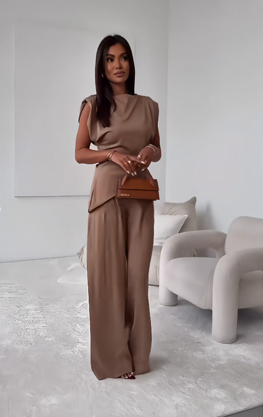 Women's Sleeveless Suit Fashion Slim Irregular Split Top And Straight Pants Solid Trouser Set Velora