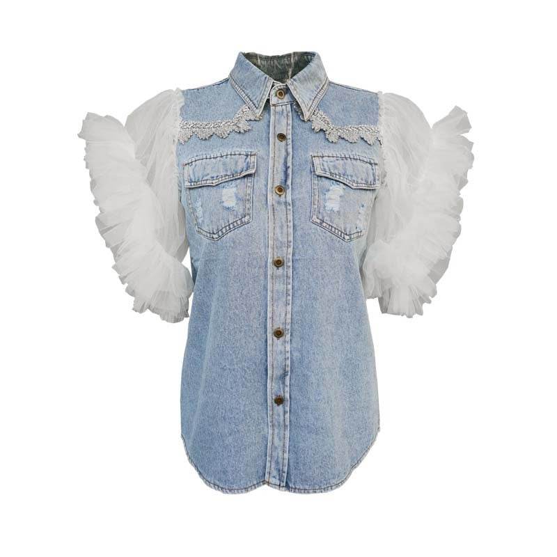 Single Breasted Lapel Frayed denim jacket Clothing top women - Velora