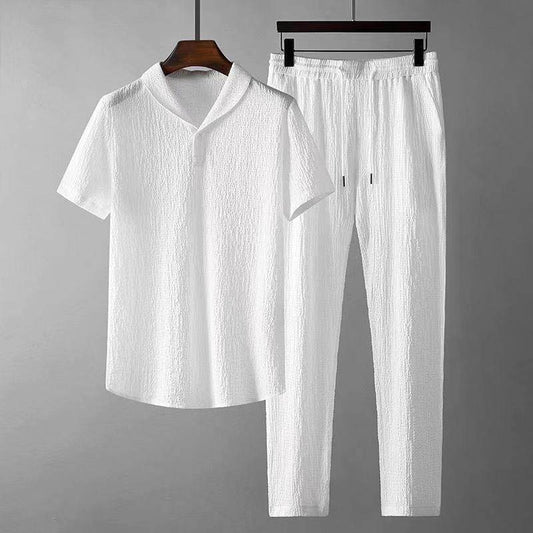 Leisure Suit Summer Loose Short Sleeve Top And Drawstring Trousers Fashion Mens Clothing - Velora