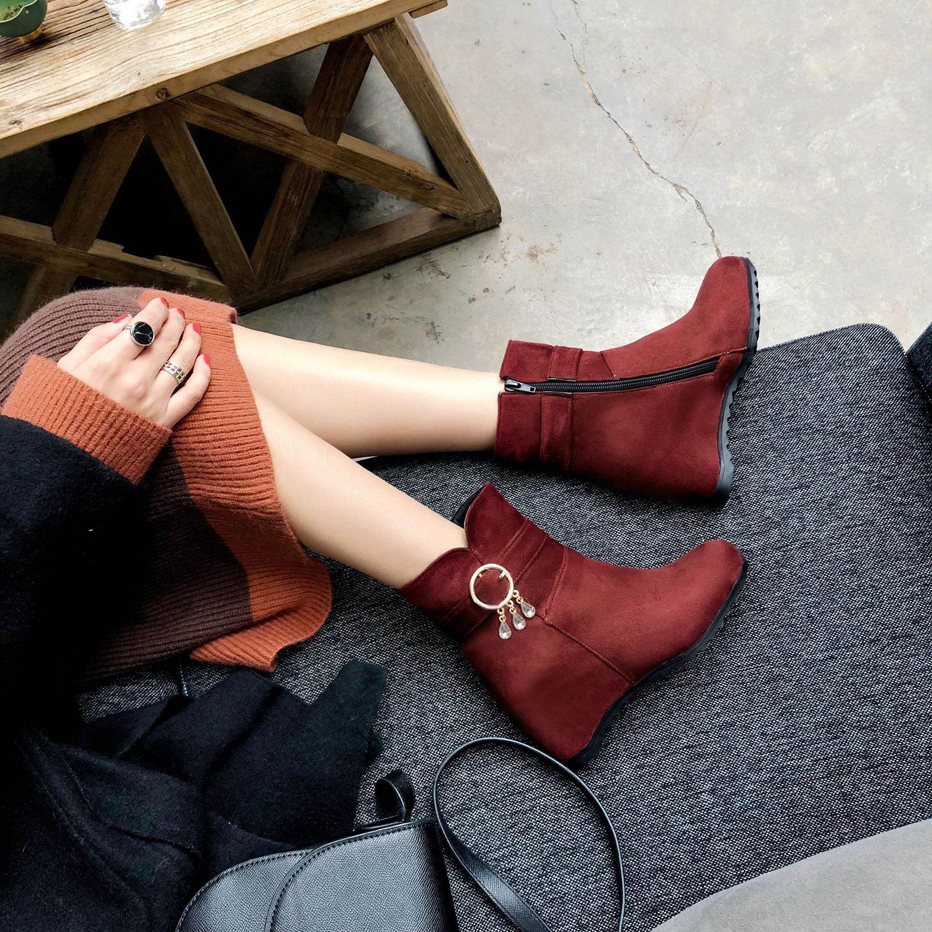 Fringed Round Toe Wedge Heel Winter Ladies Short Boots - Velora