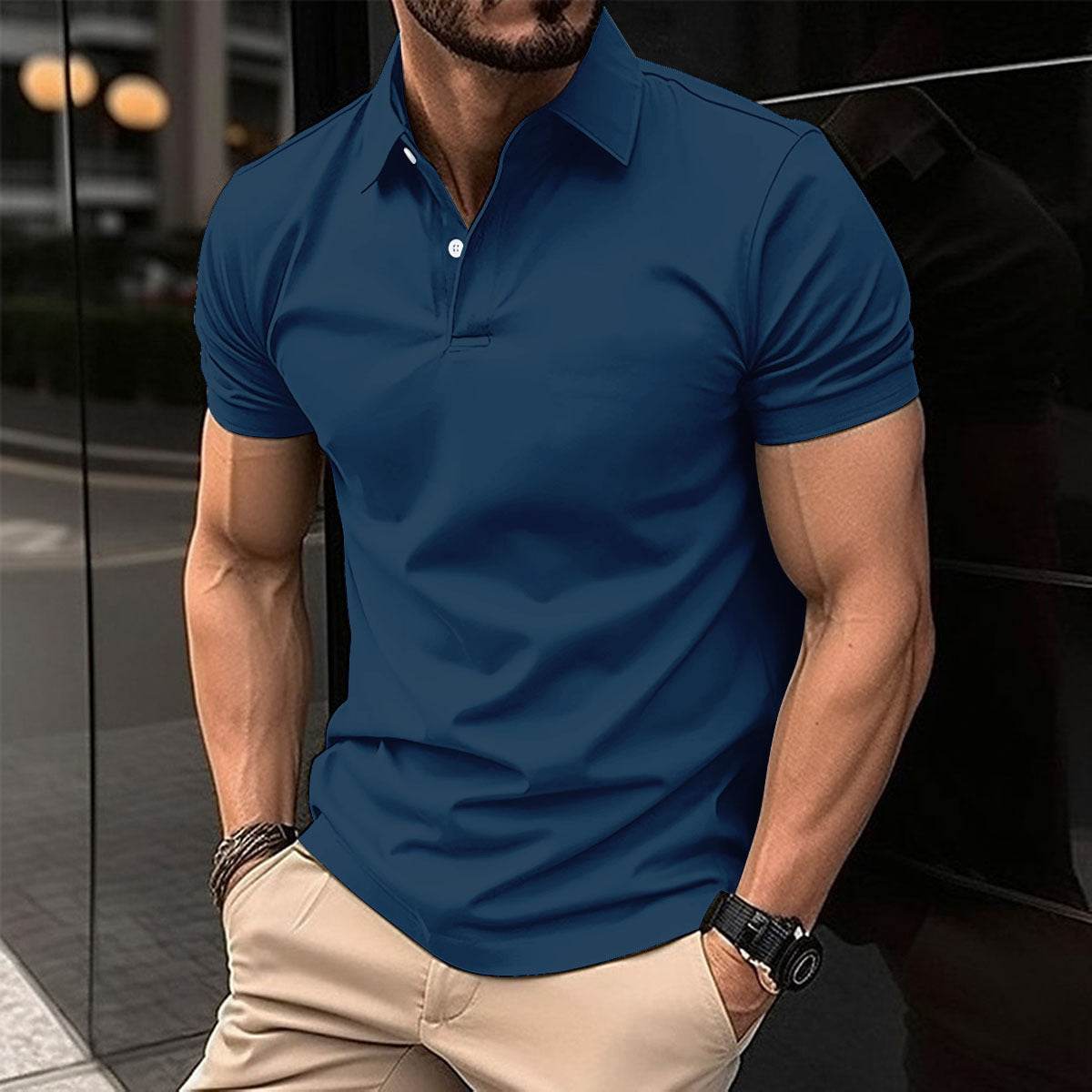 Summer Short Sleeve Polo Shirt Men Solid Color Button Lapel Button Top - Velora