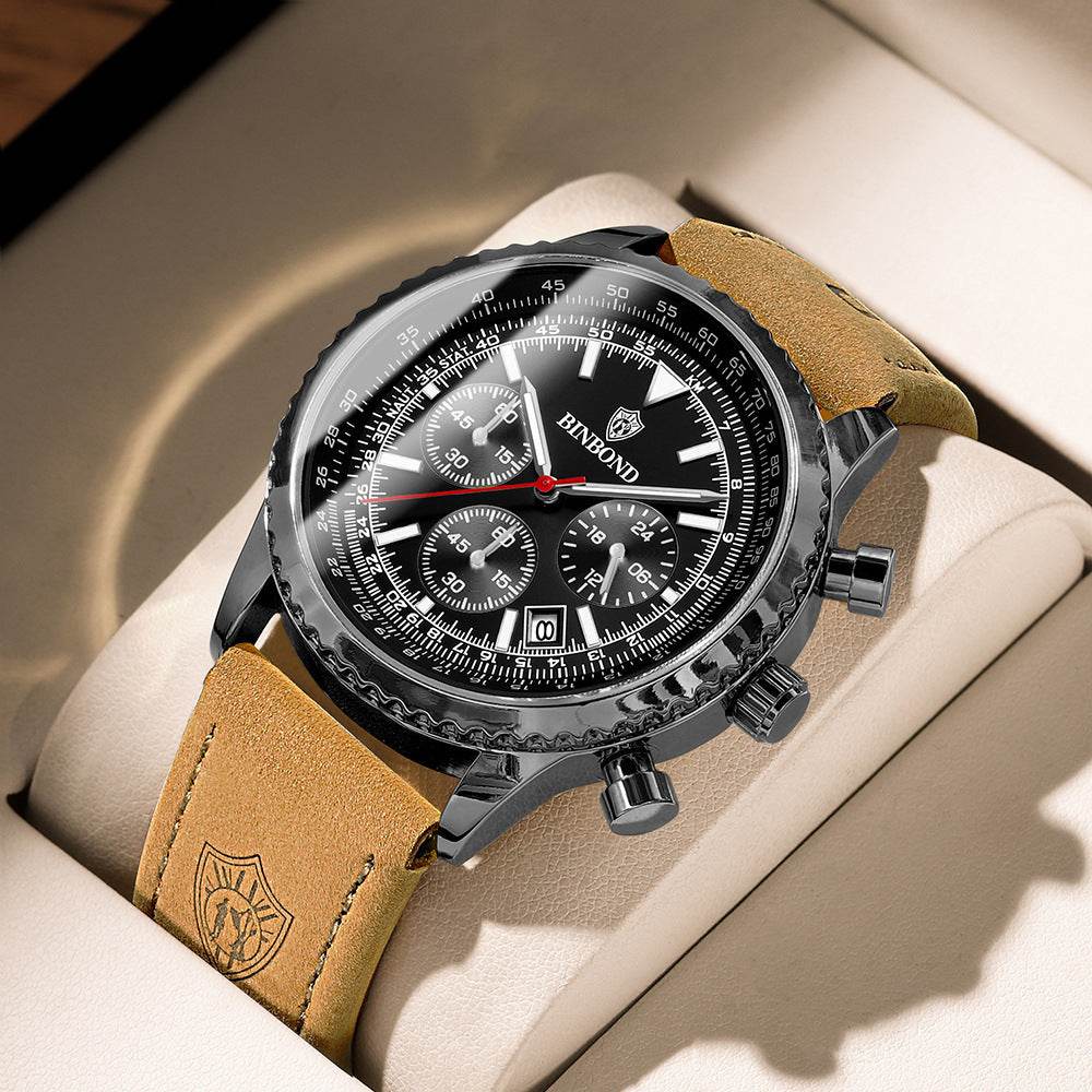 Men's Multi-functional Ultra-thin Business Style Leather Belt Waterproof Luminous Calendar Watch - Velora