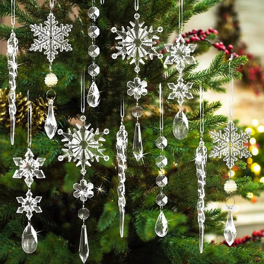 10pcs Christmas Tree Hanging Pendants Acrylic Ice Strip Snow Ceiling Xmas Ornaments New Year Christmas Decoration Home Decor - Velora