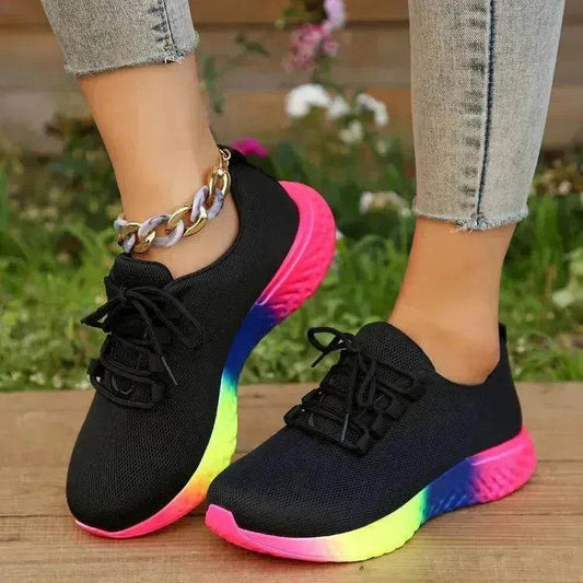 Rainbow sneaker - Lace-up Mesh Shoes With Rainbow Sole Design Fashion Walking Running Sports Shoes Sneakers For Women - Velora