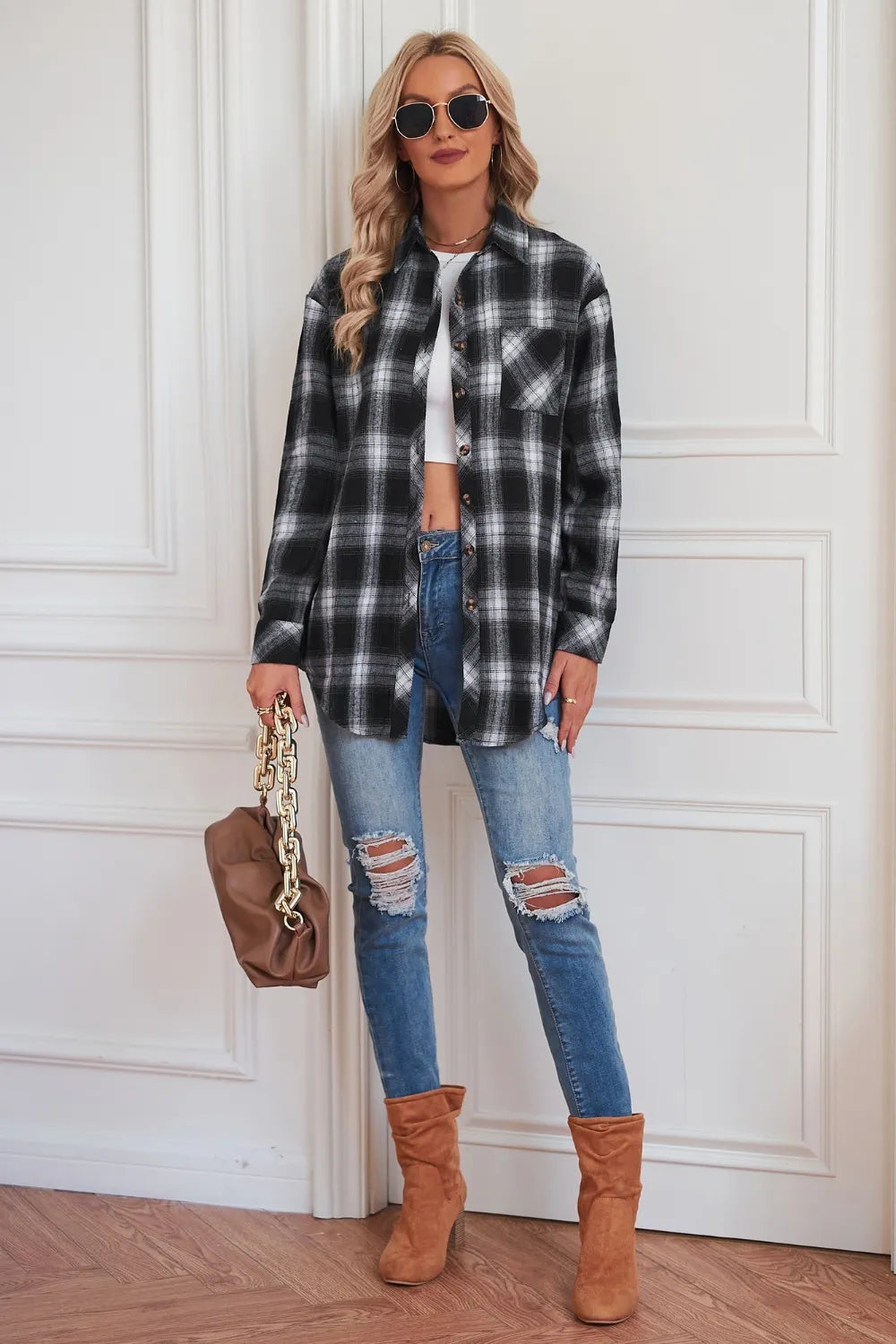 Plaid Button Up Dropped Shoulder Outerwear - Velora