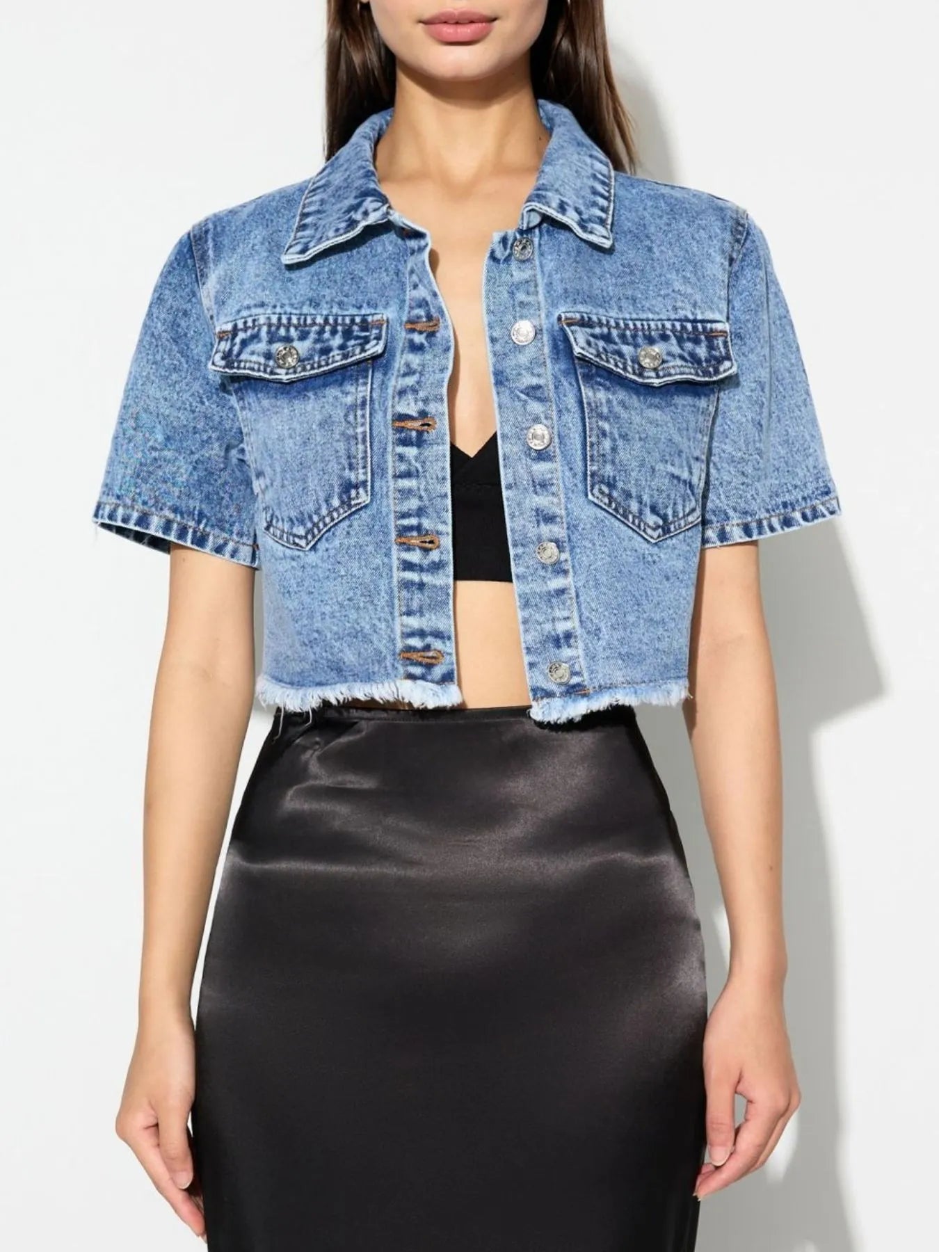 Cropped Short Sleeve Denim Jacket with Frayed Hem - Velora
