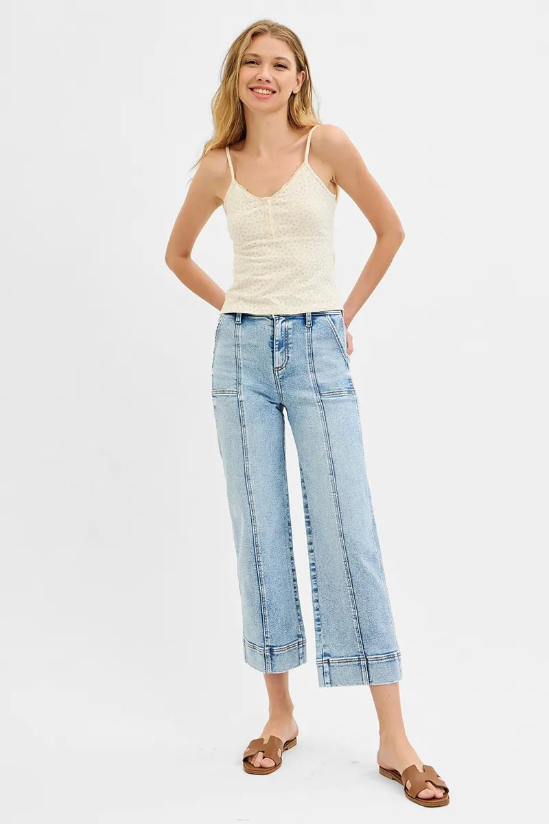 RISEN Full Size High Rise Crop Wide Front Seam Detailed Jeans Plus Size - Velora