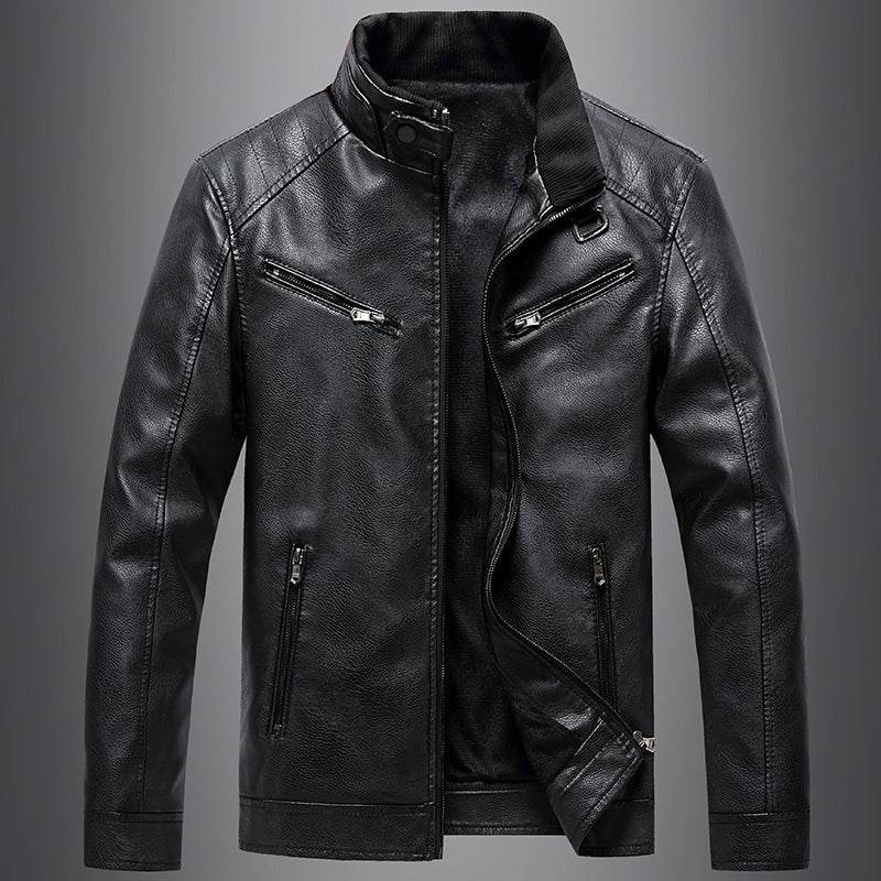 Men's Fleece Padded Coat Casual Korean-style Stand Collar PU Leather Jacket Trendy Youth - Velora