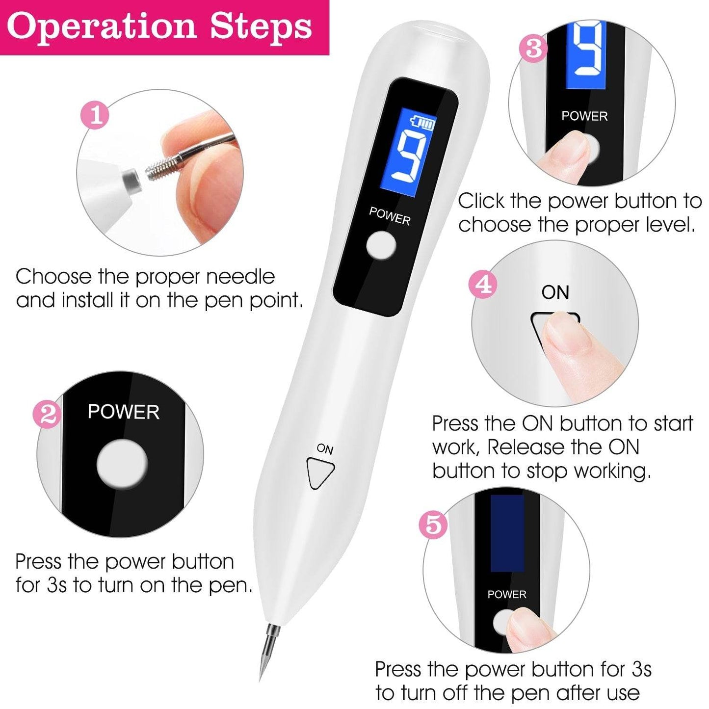 1Pc Skin Tag Repair Kit Portable Beauty Equipment Multi-Level With Home Usage USB Charging LCD Level Adjustable 6 Replaceable Needles - Velora