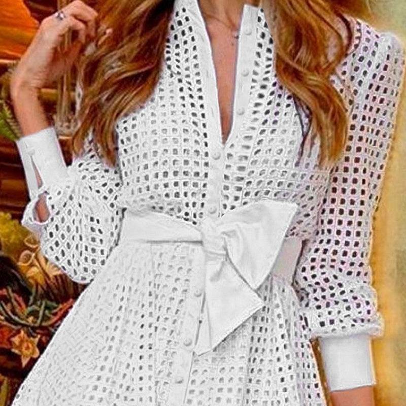 White Mesh Long Sleeve Fitted Waist Shirt Dress - Velora