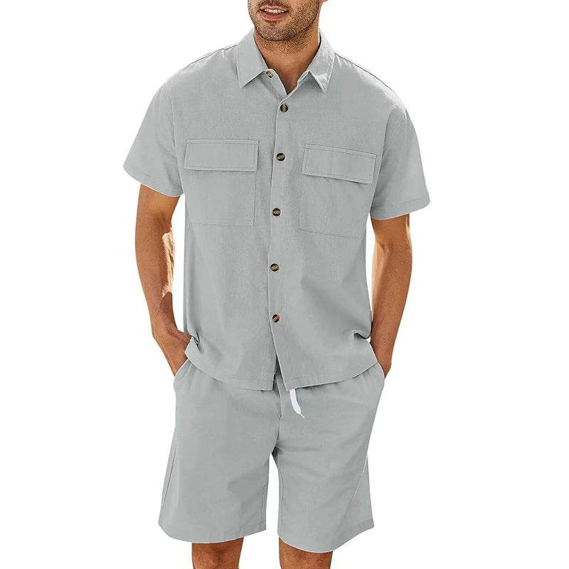 Summer Suits Men Short Sleeve Lapel Pockets Shirt And Drawstring Shorts Sports Fashion Leisure Men's Clothing - Velora