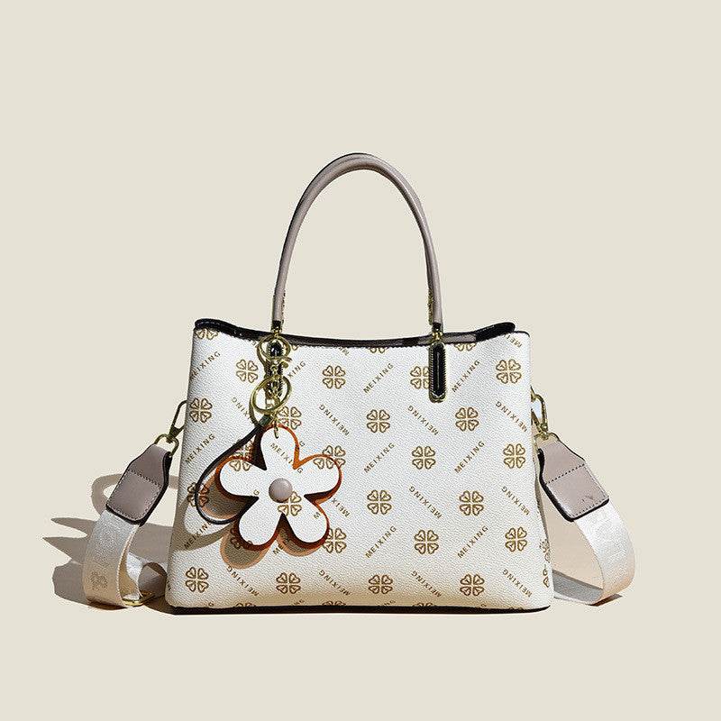 Printed Tote Bag With Flower Pendant New Temperament Shoulder Bag For Women Fashion Large-capacity Crossbody Bag - Velora
