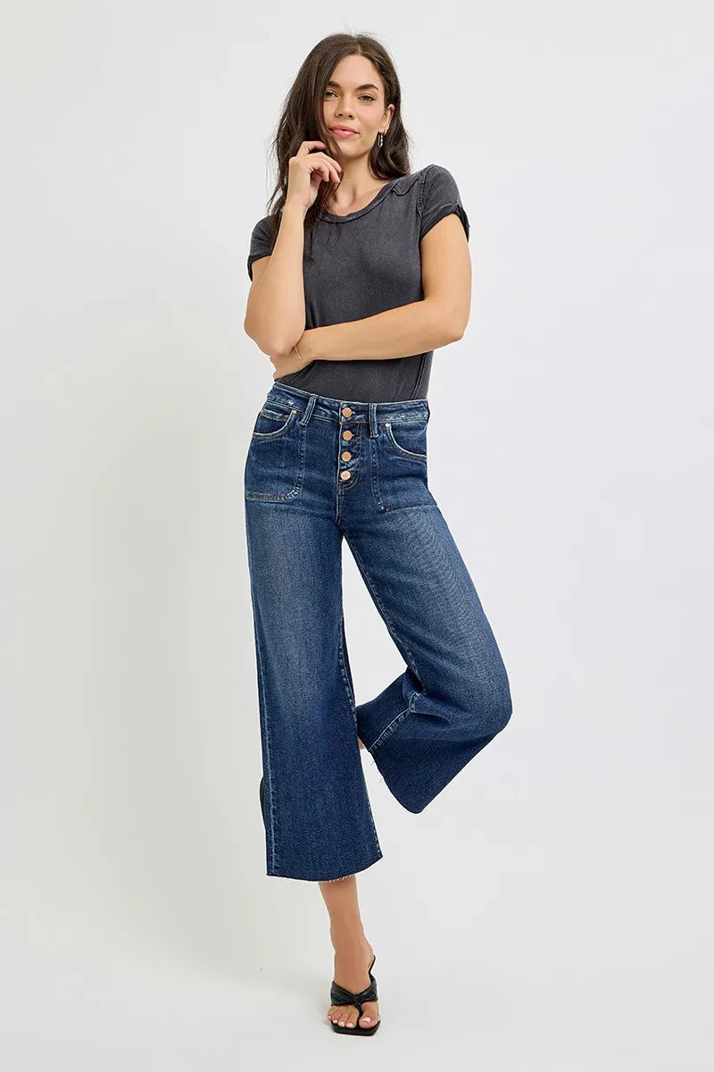 RISEN Full Size High Rise Crop Wide Button Up Jeans Plus Size - Velora