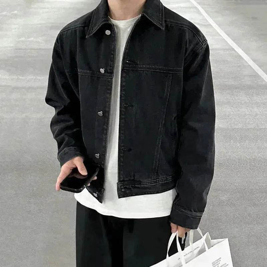 Men's Black Denim Jacket Distressed Short Top Black Jeans Jacket for men