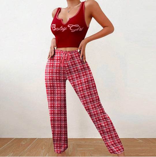 Spring Summer Women's Casual Pajamas Home Wear Vest Color Matching Plaid Trousers Letter Print Top Ladies 2 Pcs Home Clothes Sleepwear - Velora