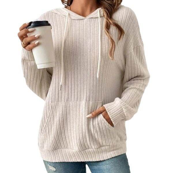 Fashion Drawstring Long-sleeved Hooded Sweatshirt With Pockets Solid Sunken Stripe Hoodie Knitwear Womens Clothing - Velora