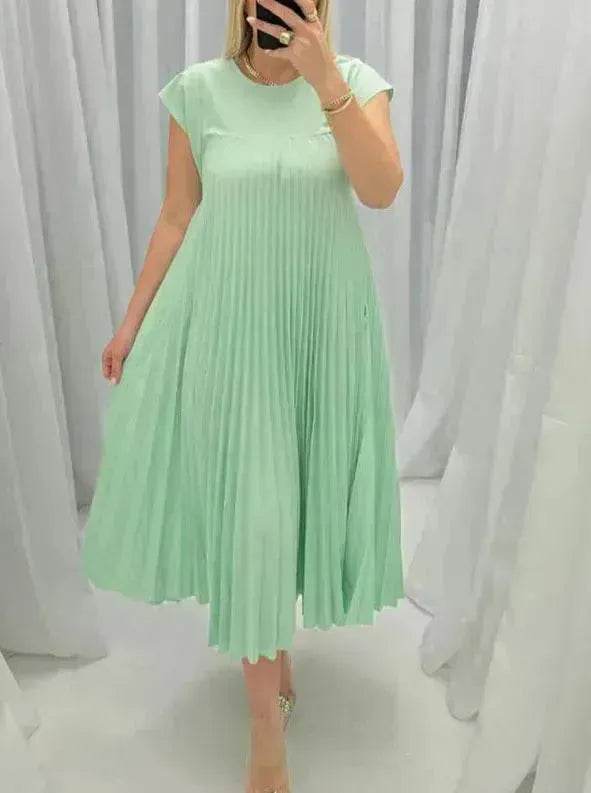 Women Summer Pleated Maxi Dress Casual Short Sleeve Crewneck Flowy Swing Long Dress with Pockets - Velora