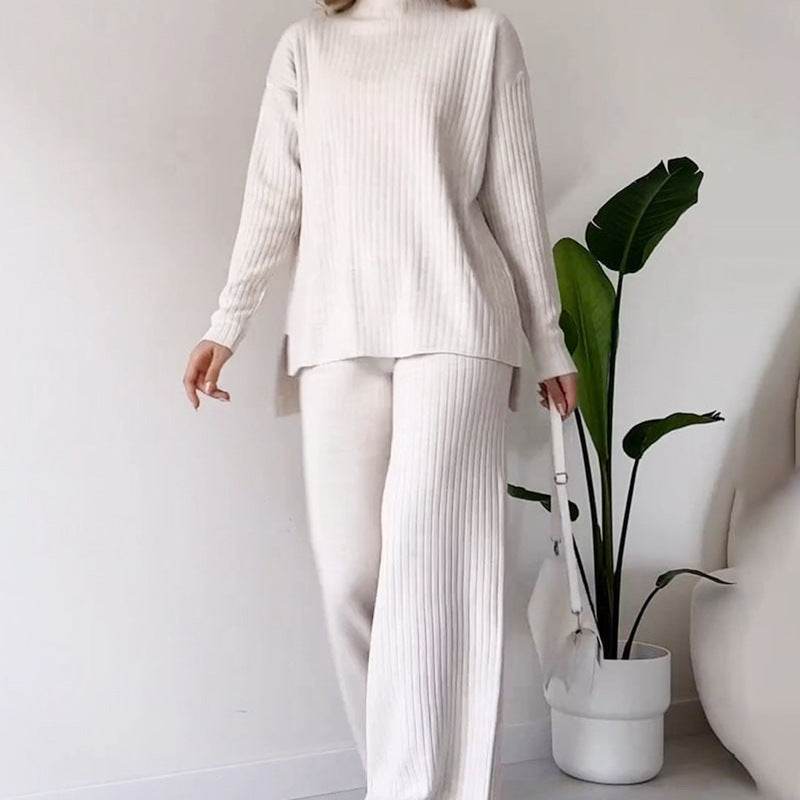 Turtleneck Knitted Suit Loose Split Design Long-sleeved Top And Straight Trousers Fashion Casual Solid Set Women's Clothing - Velora