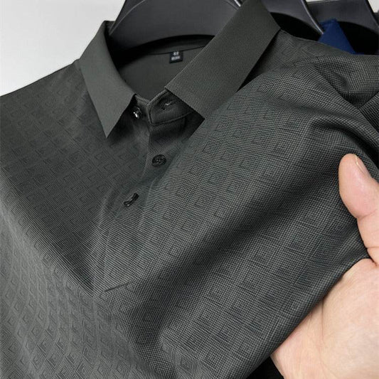 High-end Elegant Ice Silk Short Sleeve T-shirt Men's Lapel Summer Plaid Polo Shirt - Velora