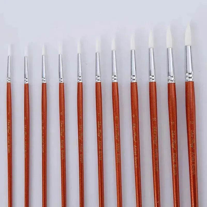 12Pcs Lot Round Shape Nylon Hair Wooden Handle Paint Brush Set Tool For Art School Watercolor Acrylic Painting - Velora