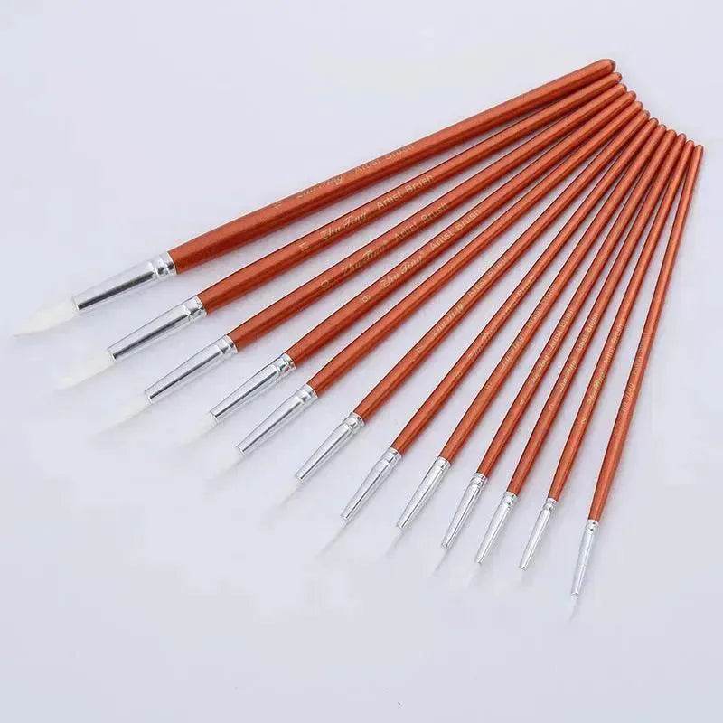 12Pcs Lot Round Shape Nylon Hair Wooden Handle Paint Brush Set Tool For Art School Watercolor Acrylic Painting - Velora