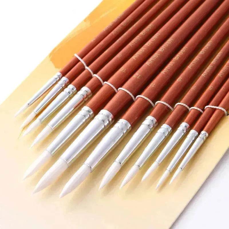 12Pcs Lot Round Shape Nylon Hair Wooden Handle Paint Brush Set Tool For Art School Watercolor Acrylic Painting - Velora