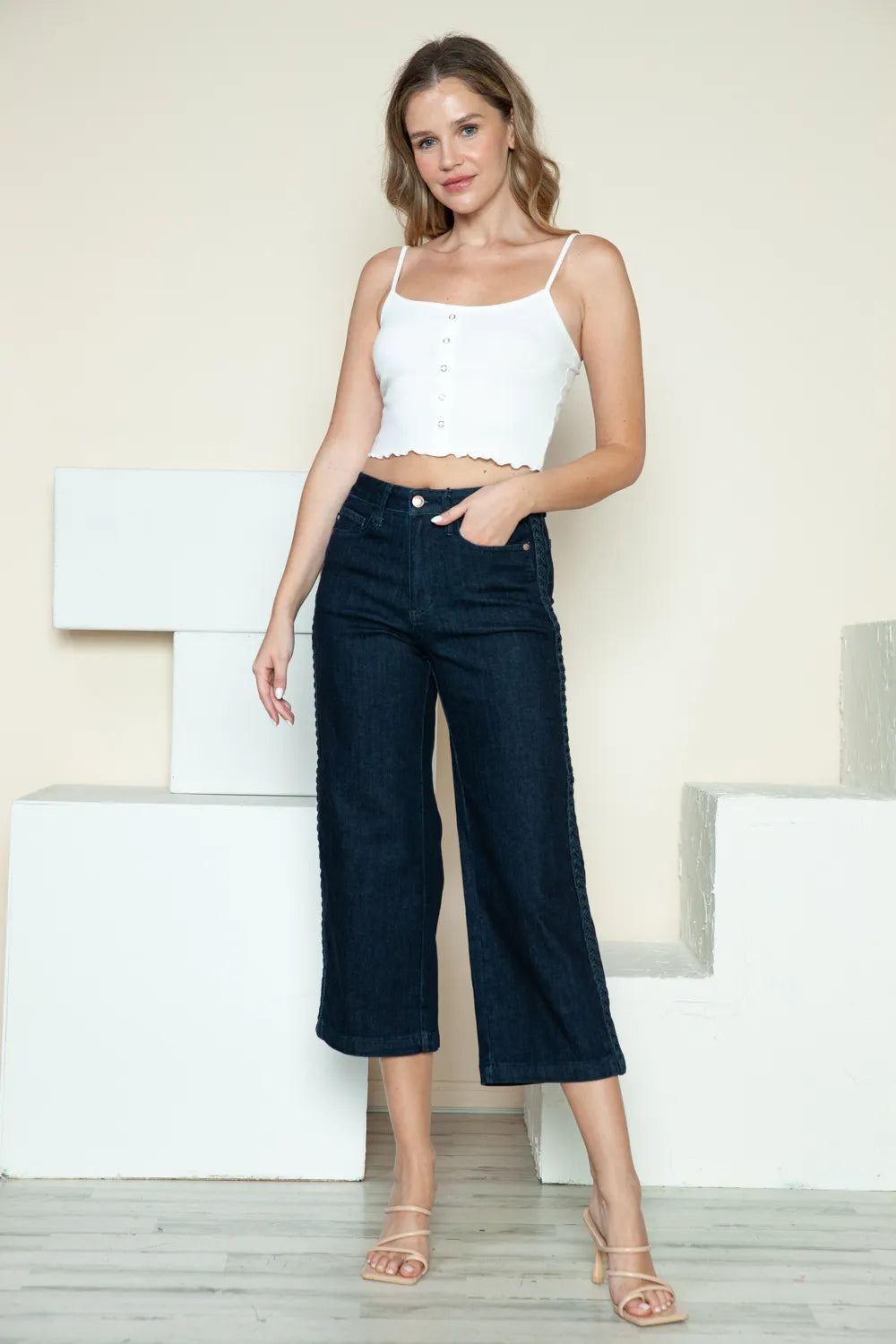 Judy Blue Full Size Side Seam Braid Detail Crop Wide Leg Jeans - Velora