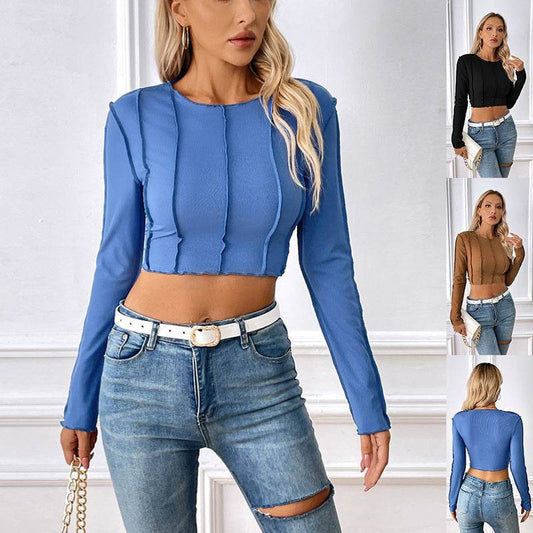 New Slim Long Sleeve T-shirt With Exposed Stitching Design Y2K Fashion Sexy Navel-exposed Short Top Womens Clothing - Velora