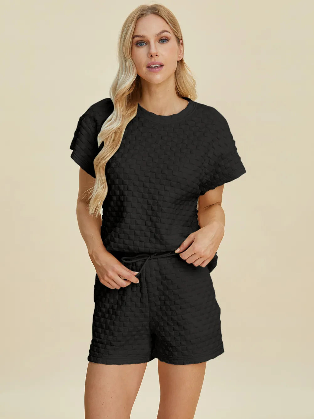 Double Take Full Size Texture T-Shirt and Shorts Set - Velora