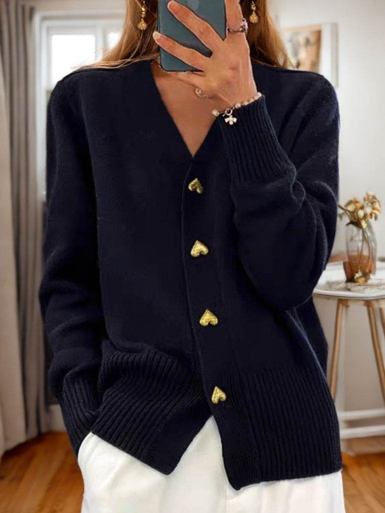 V-neck Knitted Sweater With Love Button Fashion Solid Long-sleeved Cardigan Spring And Autumn Women's Clothing - Velora